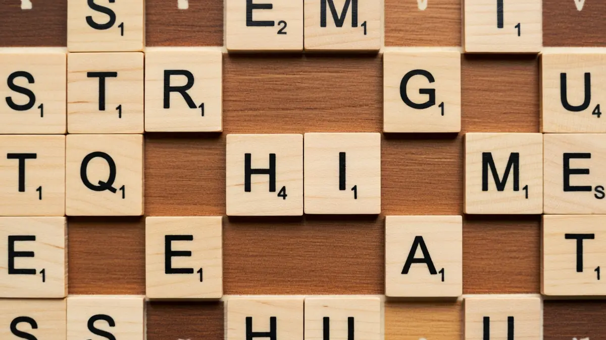 Des lettres en bois posées sur un plateau illustrent une partie de hi Scrabble