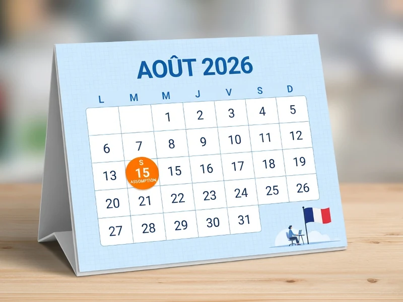 Un calendrier posé sur une table en bois montrant les jours fériés août 2026