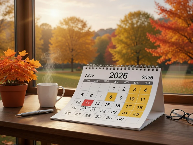 Table en bois avec mug fumant et plante orange devant une vue automnale des jours fériés novembre 2026