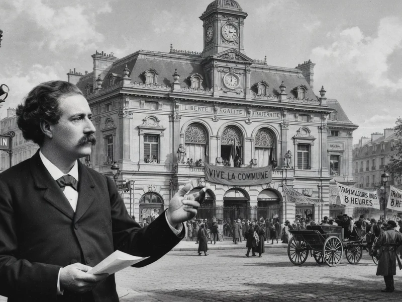 Jules Joffrin gesticule en tenant une feuille sur une place parisienne animée