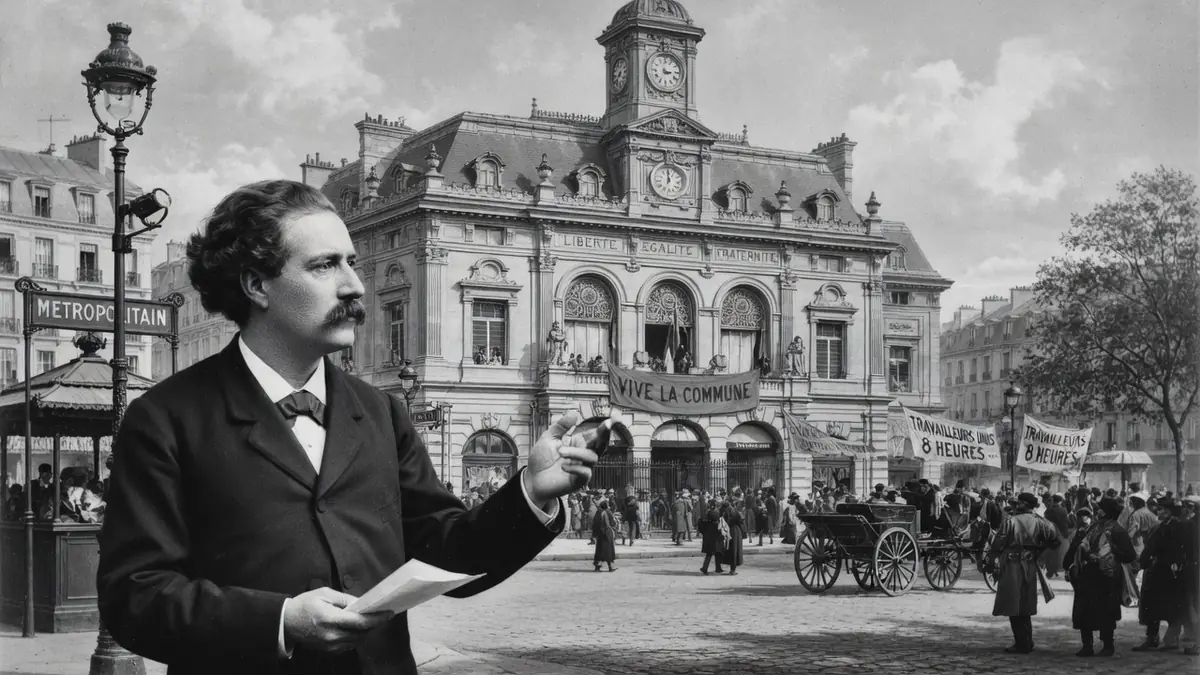 Jules Joffrin gesticule en tenant une feuille sur une place parisienne animée
