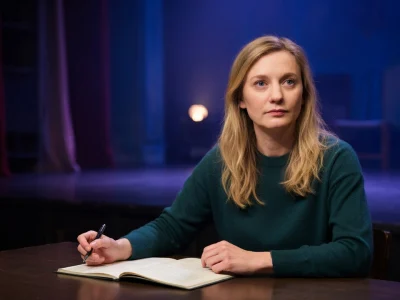 Julie Duclos est assise à une table avec un carnet ouvert et un stylo sur une scène de théâtre