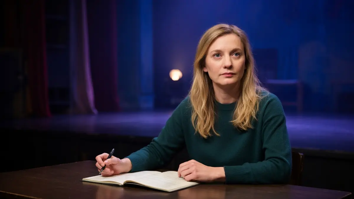 Julie Duclos est assise à une table avec un carnet ouvert et un stylo sur une scène de théâtre