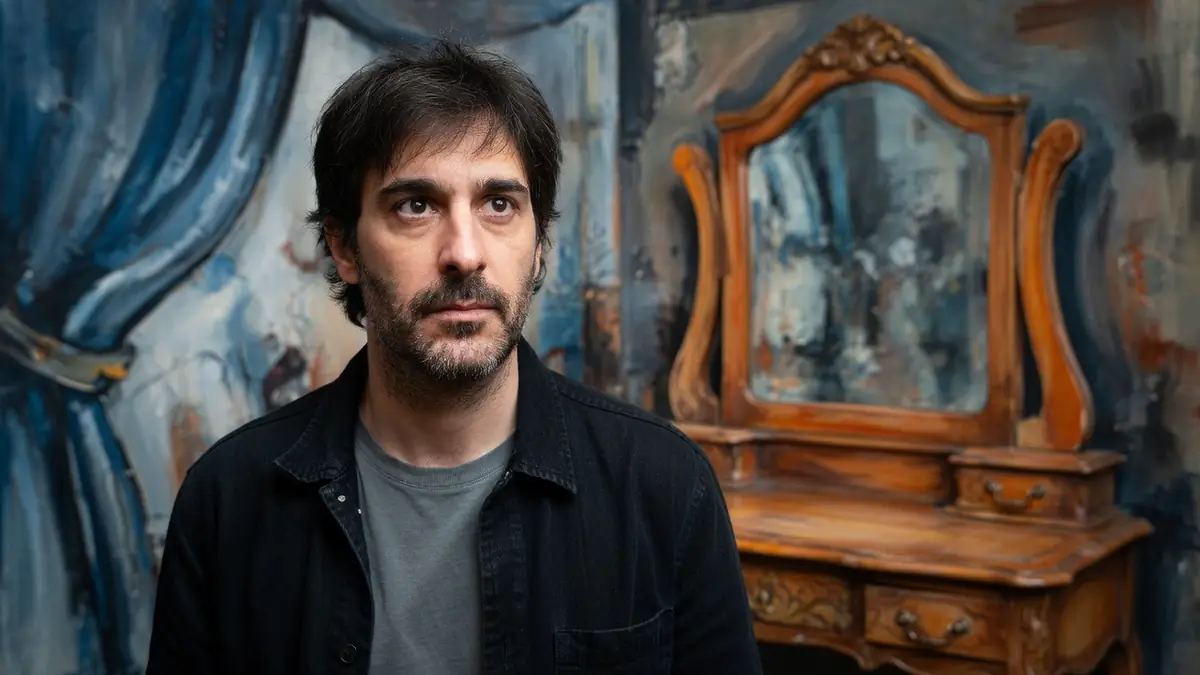 Julien Honoré se tient devant un miroir dans un décor artistique peint en bleu.