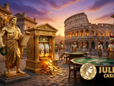 Place romaine antique avec Julius Casino statue dorée et tables de jeu devant le Colisée au crépuscule