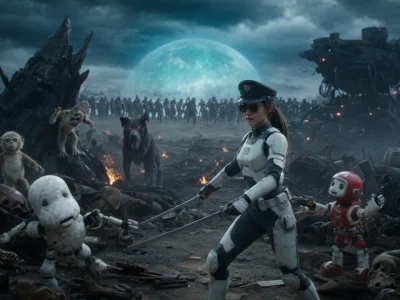 Une guerrière et ses compagnons explorent un Junk World post-apocalyptique rempli de débris et de machines