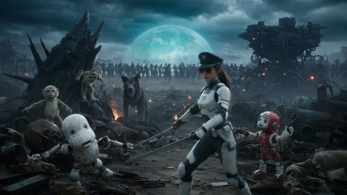 Une guerrière et ses compagnons explorent un Junk World post-apocalyptique rempli de débris et de machines