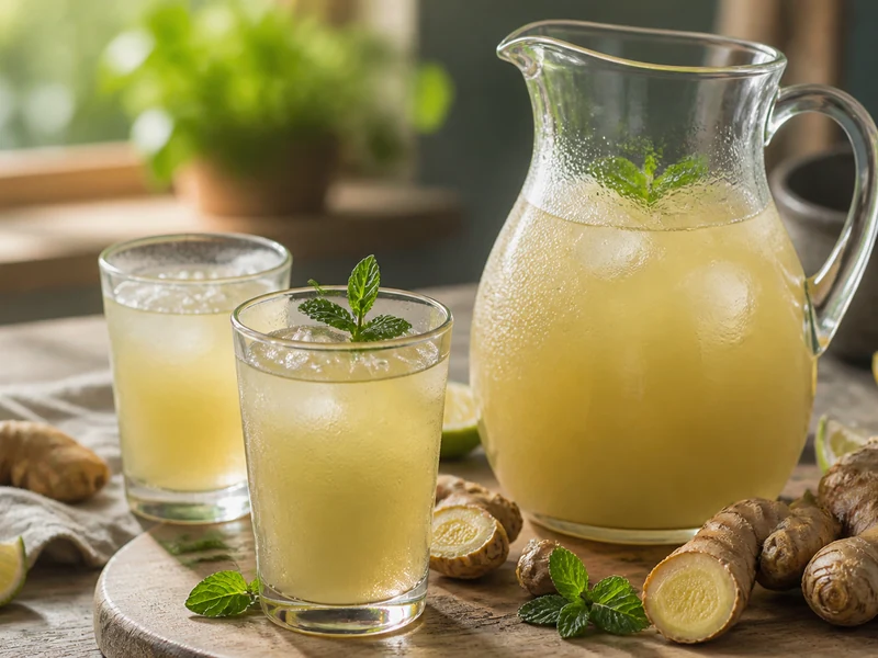 Verres glacés et carafe de préparation de jus de gingembre avec citron, menthe et racines fraîches.