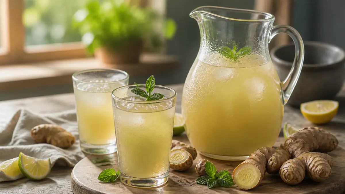 Verres glacés et carafe de préparation de jus de gingembre avec citron, menthe et racines fraîches.