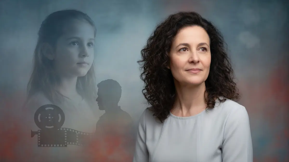 Portrait de Justine Malle sur un fond avec une jeune fille et des éléments de pellicule