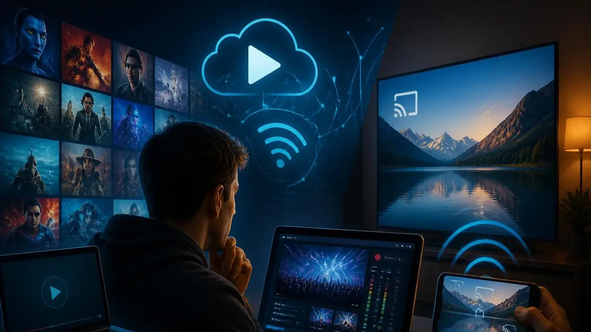 Un homme utilise Juststream pour diffuser sans fil du contenu multimédia de son smartphone vers son téléviseur