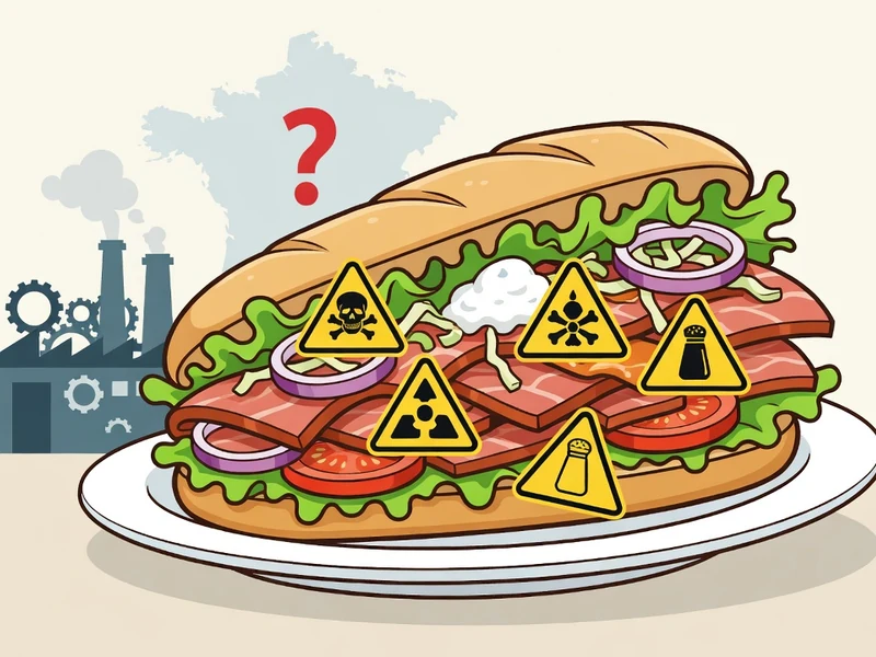 Illustration d'un sandwich avec des symboles d'avertissement pour s'interroger sur kebab quel viande est utilisée