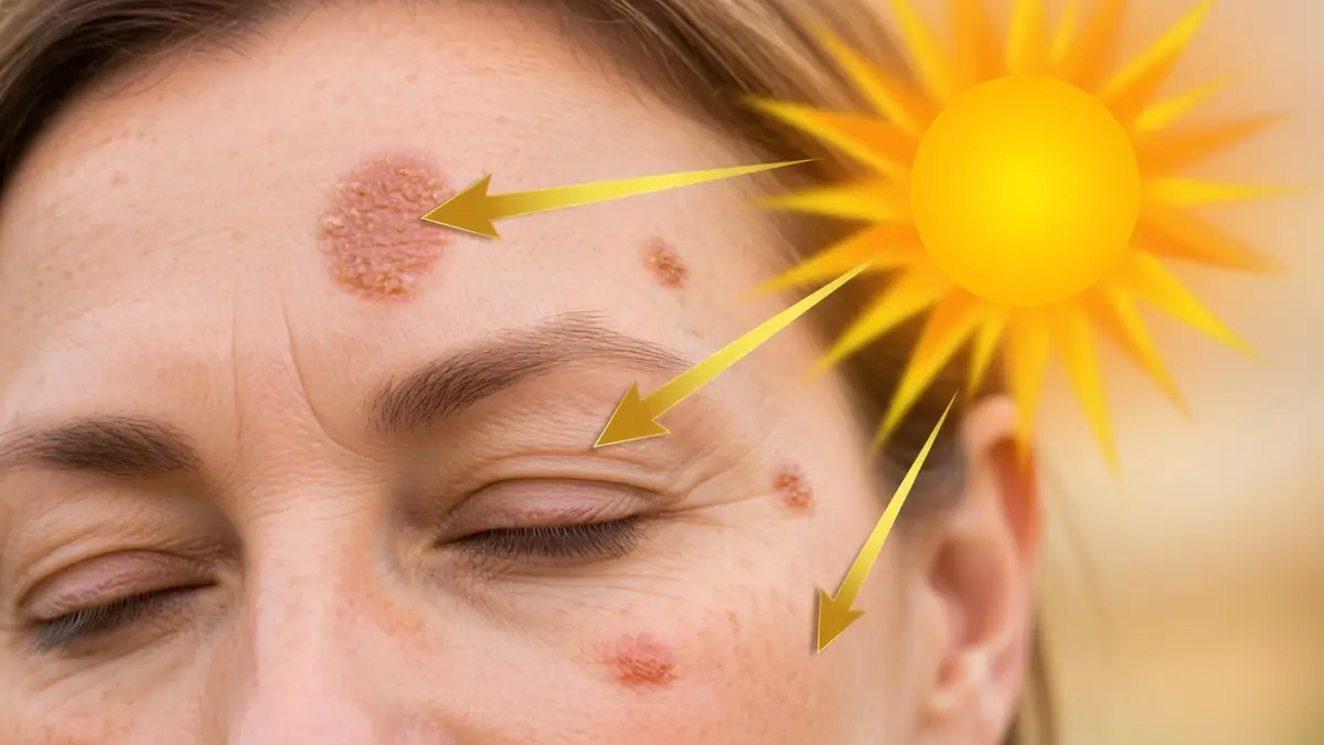 Visage d'une femme avec lésions de kératose actinique pointées vers le soleil