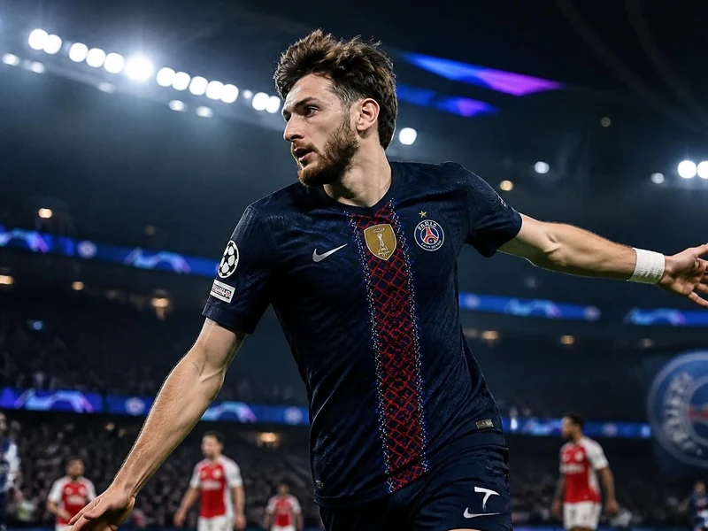 Kvaratskhelia portant le maillot bleu marine du club parisien lors d'un match sous les projecteurs