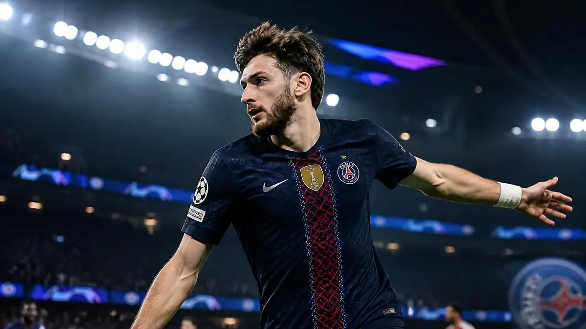Kvaratskhelia portant le maillot bleu marine du club parisien lors d'un match sous les projecteurs