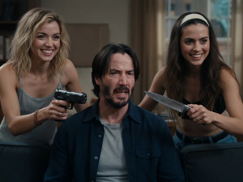 Deux femmes menacent un homme avec une arme et un couteau dans une scène du film Knock Knock