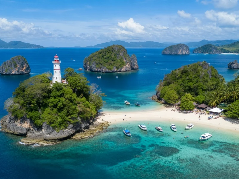 Phare sur une île tropicale avec des bateaux sur une plage de sable blanc à koh lanta krabi thailand