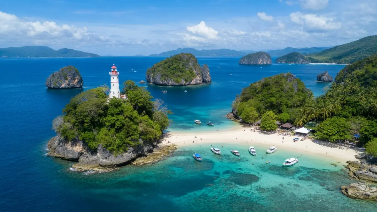 Phare sur une île tropicale avec des bateaux sur une plage de sable blanc à koh lanta krabi thailand