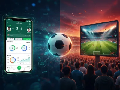Koora Live montre un smartphone et un écran de streaming football dans un stade avec un ballon au centre
