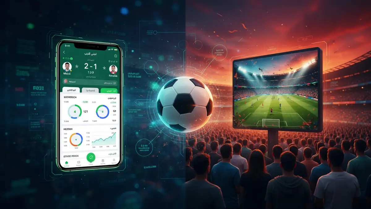 Koora Live montre un smartphone et un écran de streaming football dans un stade avec un ballon au centre