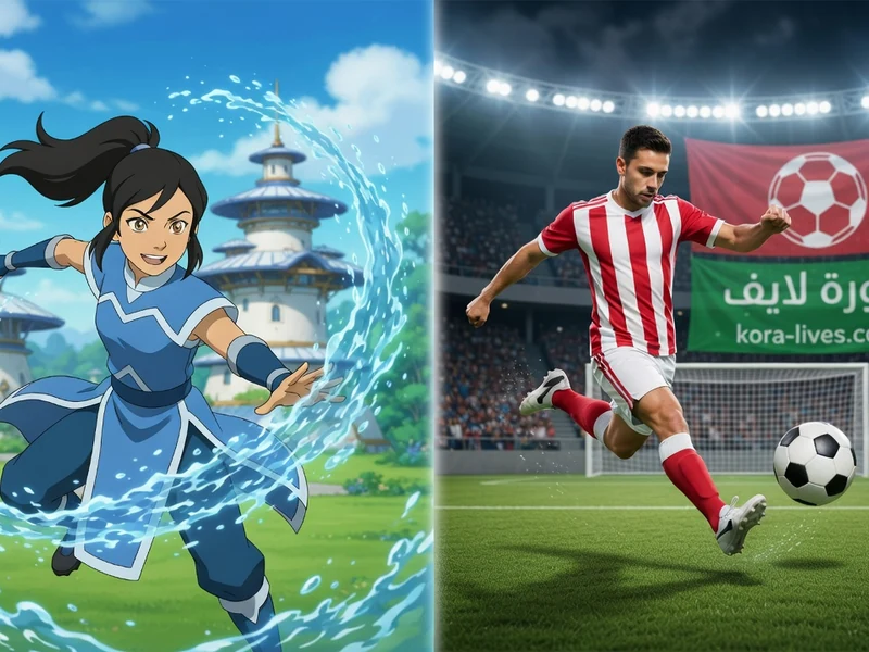 Kora streaming montre une héroïne d'animation maîtrisant l'eau et un footballeur en action dans un stade