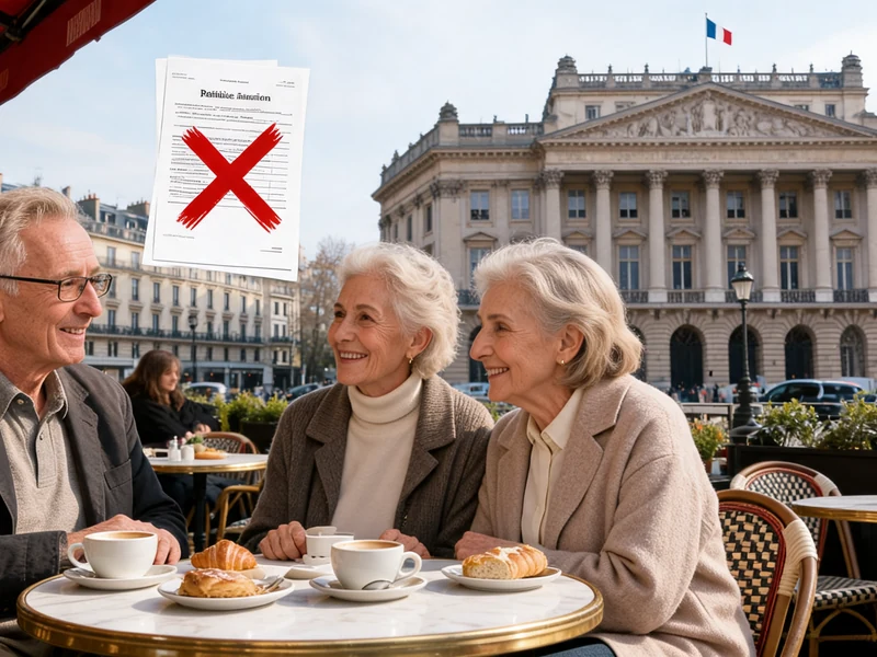 Des seniors rient ensemble à la terrasse d'un café devant un bâtiment historique sur l'abattement fiscal sur retraite