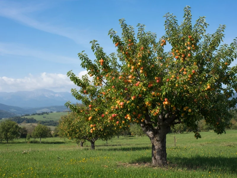 Un abricotier Bergeron chargé de fruits dans un verger ensoleillé avec des montagnes en arrière-plan