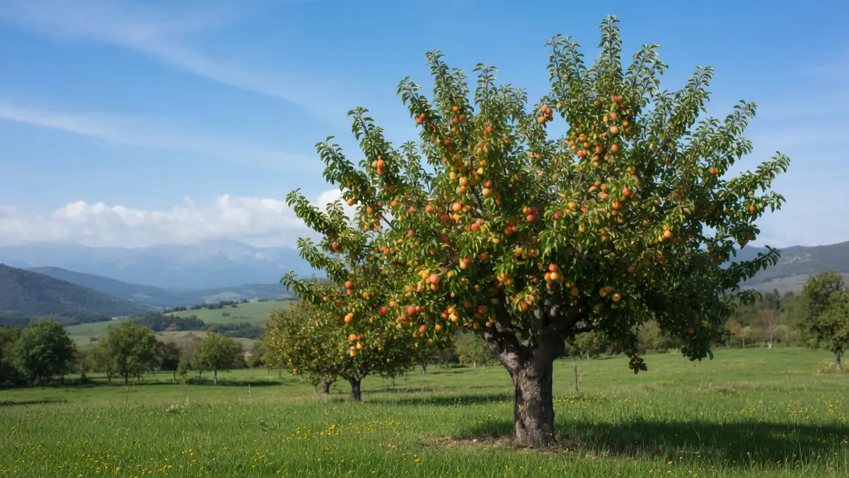 Un abricotier Bergeron chargé de fruits dans un verger ensoleillé avec des montagnes en arrière-plan