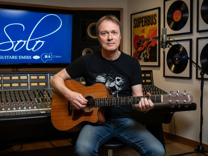 Michel Giovannetti joue de la guitare dans un studio d'enregistrement