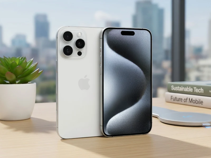 Un iPhone 15 Pro reconditionné blanc et un noir sont posés sur une table avec une plante et des livres