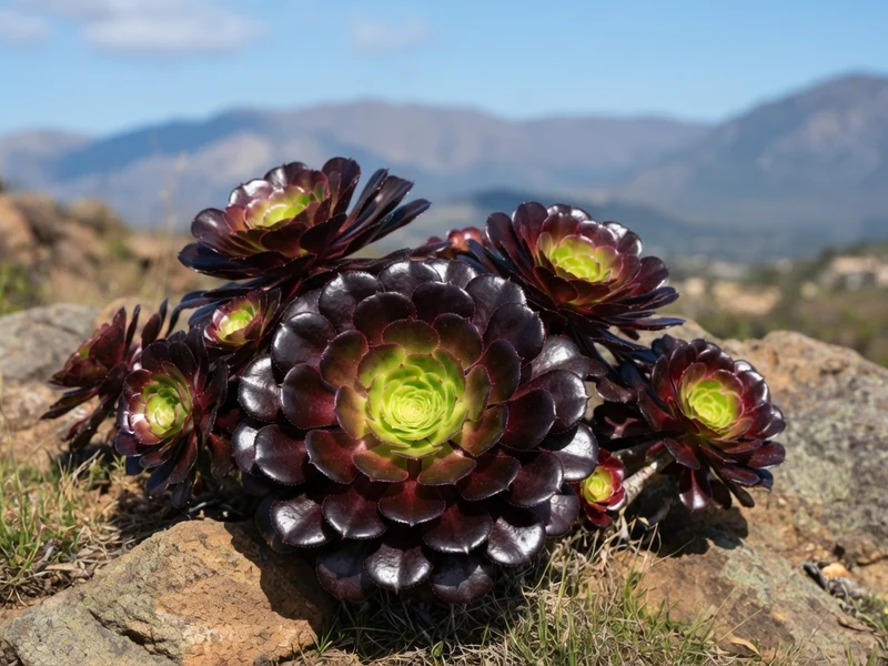 Un groupe d'aeonium Pourpre s'épanouit sur des rochers dans un cadre montagneux