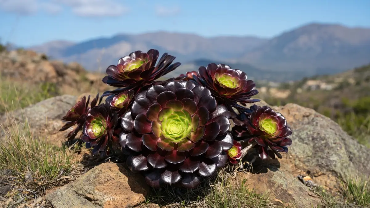Un groupe d'aeonium Pourpre s'épanouit sur des rochers dans un cadre montagneux