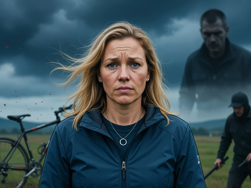Cindy Morvan apparaît inquiète dans un champ sous un ciel orageux avec des silhouettes menaçantes en arrière-plan