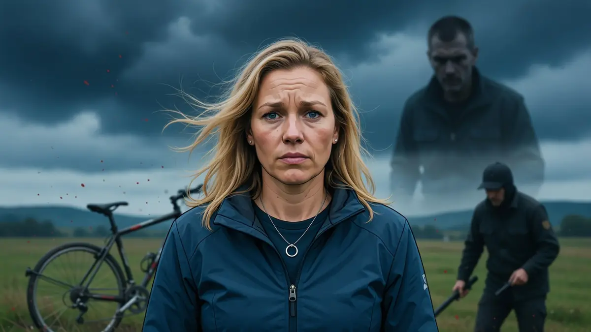Cindy Morvan apparaît inquiète dans un champ sous un ciel orageux avec des silhouettes menaçantes en arrière-plan