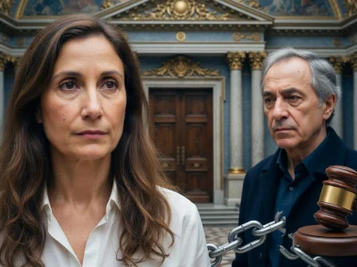 Portrait sérieux de Coline Berry et Richard Berry avec un maillet de justice et des chaînes en arrière-plan