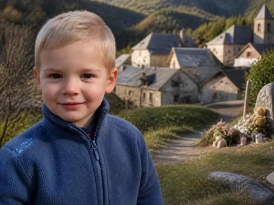 Portrait du petit Émile haut Vernet devant le village où il a disparu