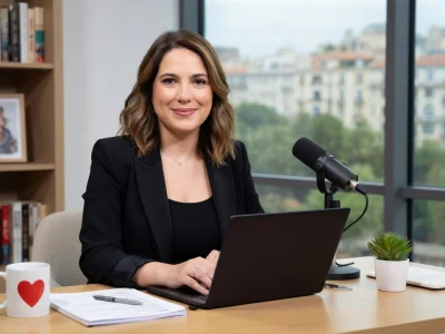 Charlotte Gaccio est assise à un bureau avec un ordinateur portable et un microphone.