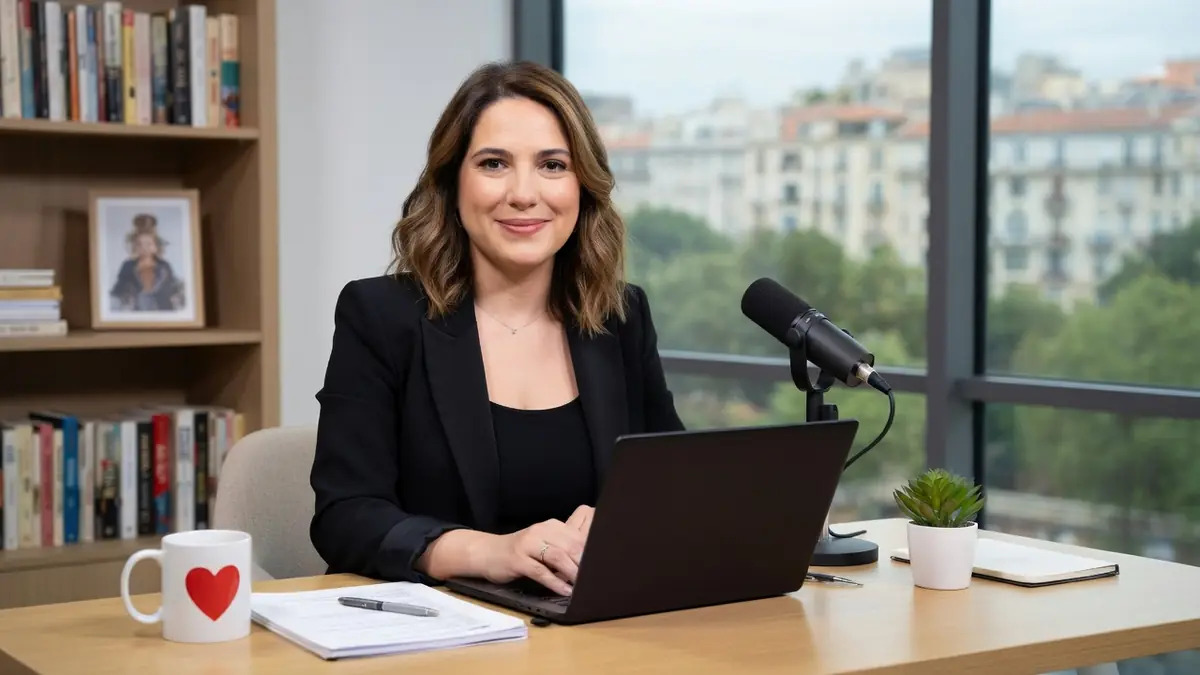 Charlotte Gaccio est assise à un bureau avec un ordinateur portable et un microphone.