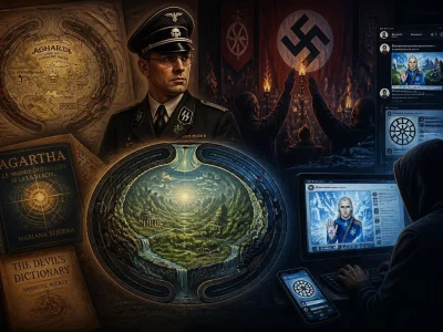 Illustration montrant une vision utopique d'Agartha juxtaposée à des symboles historiques et des écrans numériques