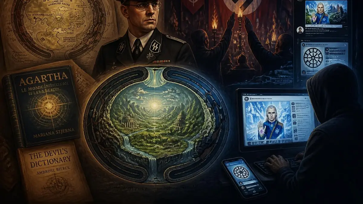 Illustration montrant une vision utopique d'Agartha juxtaposée à des symboles historiques et des écrans numériques