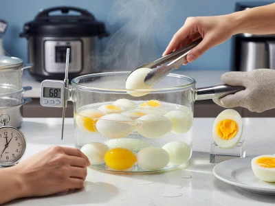 Démonstration de cuisson oeufs durs avec une main retirant un œuf d'une casserole fumante
