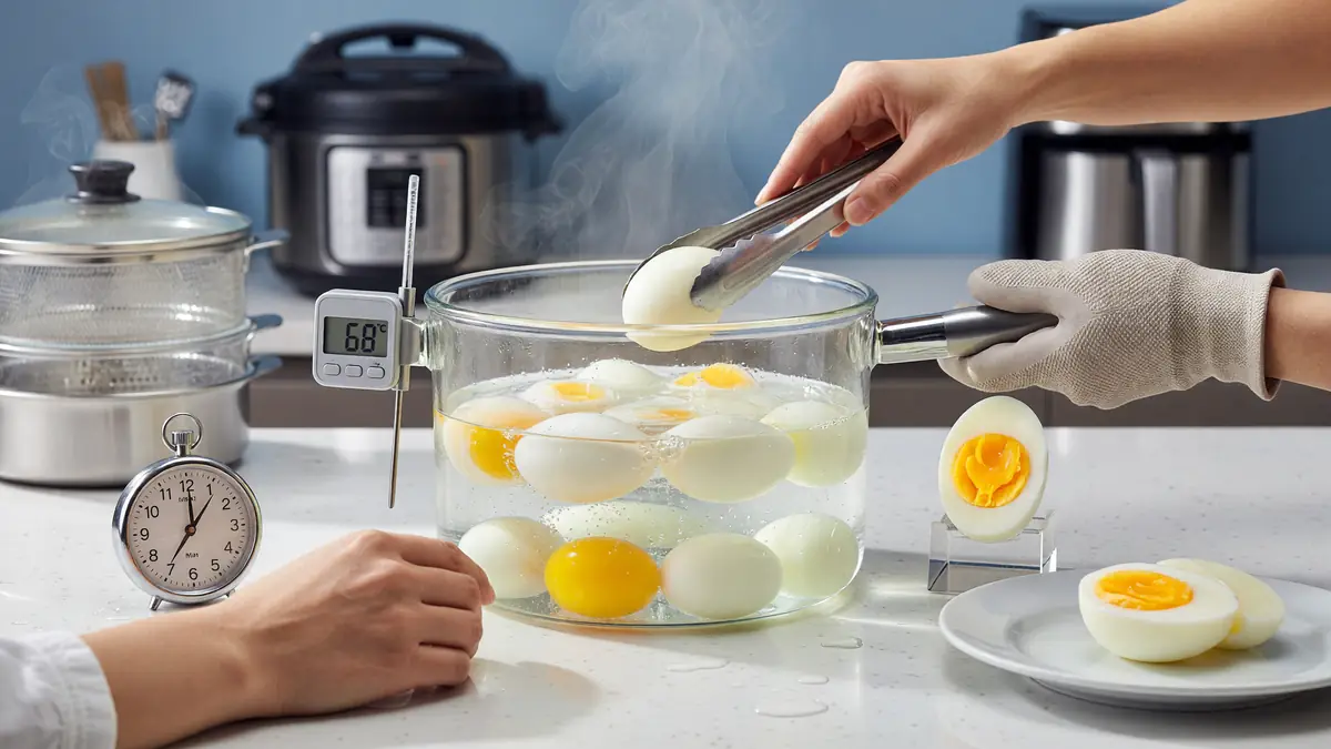 Démonstration de cuisson oeufs durs avec une main retirant un œuf d'une casserole fumante