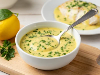 Un bol de sauces citron pour poisson est présenté sur une planche en bois avec un citron et du persil
