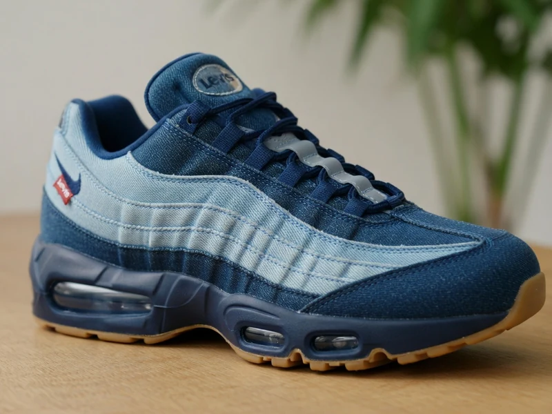 Une sneaker en denim bleu air max 95 levis posée sur une table en bois