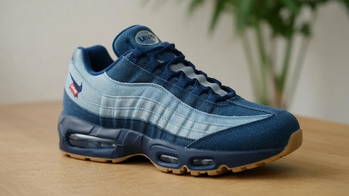 Une sneaker en denim bleu air max 95 levis posée sur une table en bois