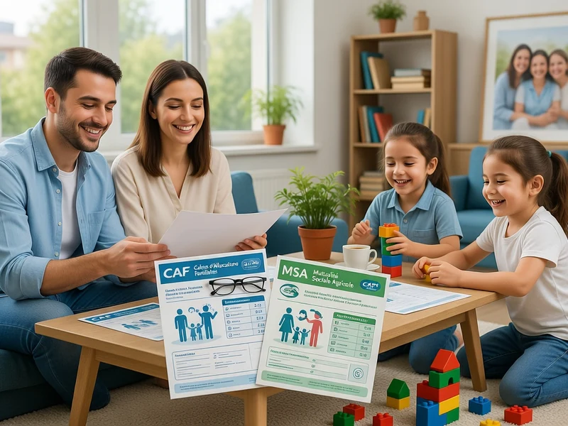 Une famille souriante discute de l allocation familiale 2 enf dans son salon pendant que les enfants jouent