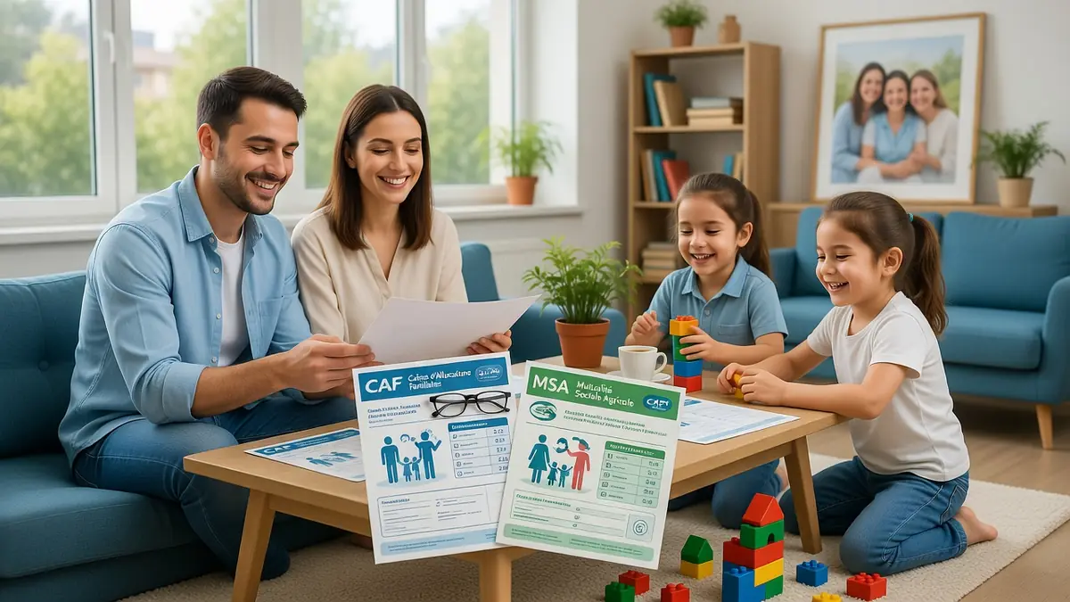 Une famille souriante discute de l allocation familiale 2 enf dans son salon pendant que les enfants jouent
