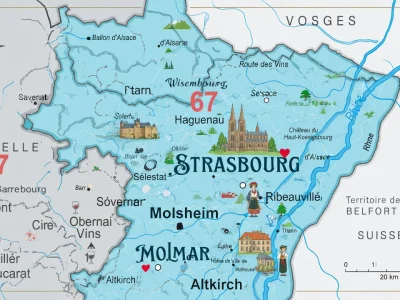Une carte Alsacienne illustrée représentant les villes et les monuments emblématiques de la région