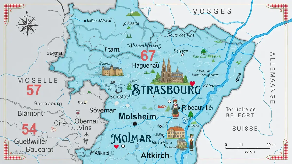 Une carte Alsacienne illustrée représentant les villes et les monuments emblématiques de la région