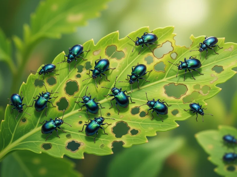De nombreuses altise bleues sont posées sur une feuille verte criblée de trous